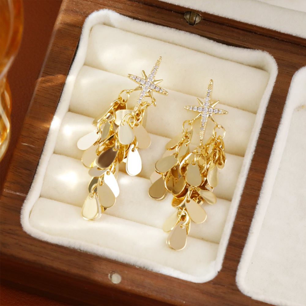 Fashionable Personality High-End Sparkling Star Zircon Octagonal Earrings Luxury Tassel Trendy Women's Jewelry Accessories