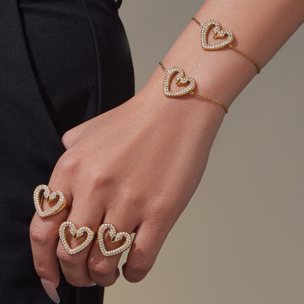 Women's 304 Stainless Steel Handmade Chain Vacuum Electroplating (In Furnace) 18K Gold Plated Geometric Pattern Zircon Full Diamond Double Swan Earrings Ring Bracelet Necklace Heart Full Diamond Jewelry Set Accessories