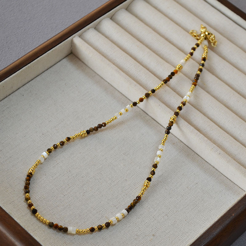French Vintage Design Shell Beads Tiger Eye Stones Necklace Collarbone Chain Women Simple Elegance Jewelry Accessories