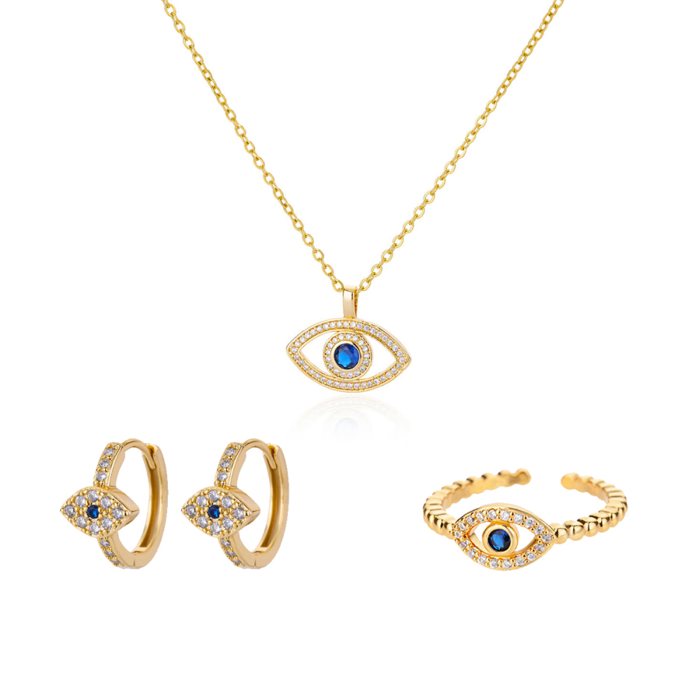 3pcs/set Zircon Demon Eye Set 18K Gold Plated Shiny Zircon Necklace Earrings Ring Vintage Personality Turkish Style Zircon Demon Eye Set Jewelry Unisex Accessories Wholesale