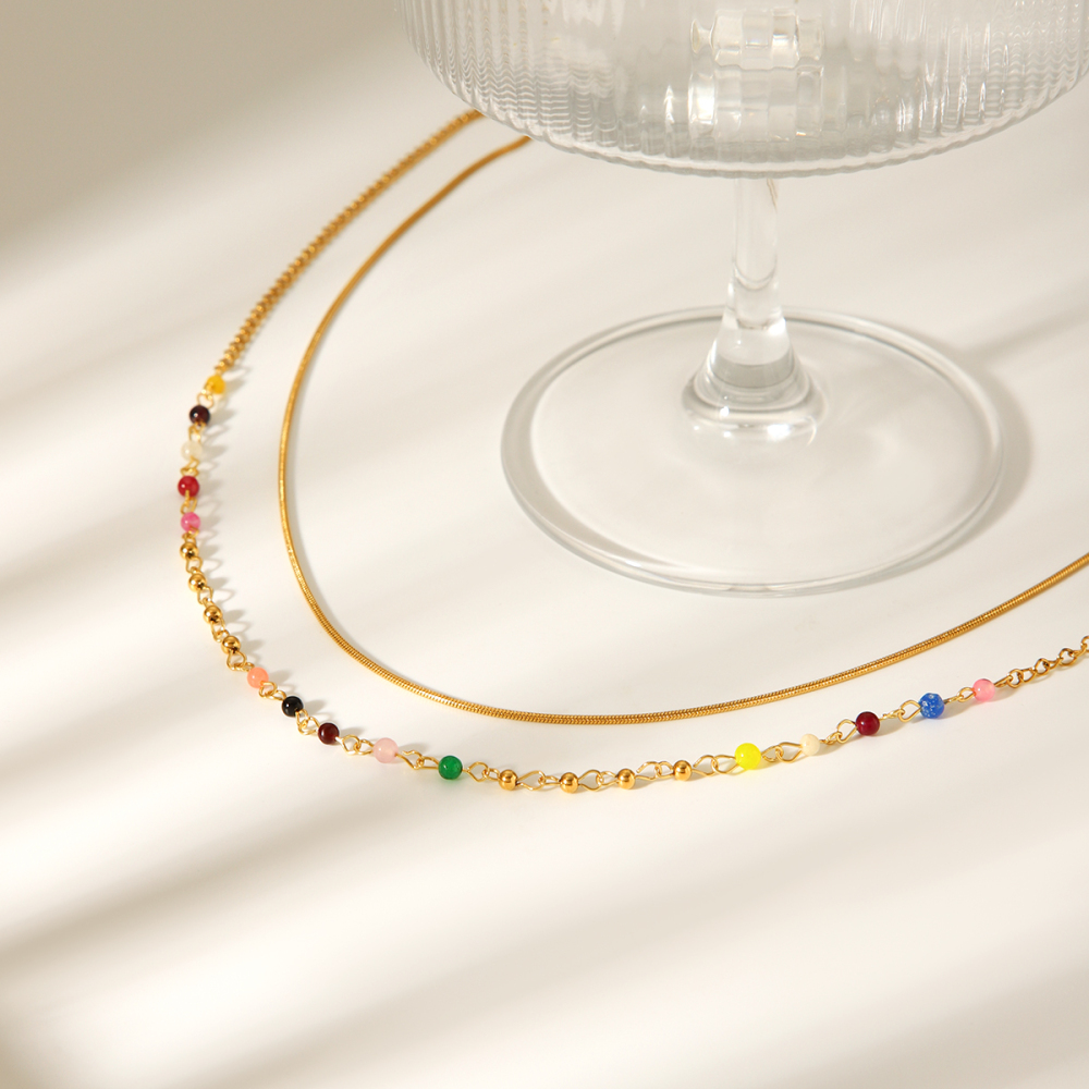 French Double Layer 304 Stainless Steel Necklace Non-Fading Choker Titanium Steel Round Snake Chain Colorful Beaded Chain Bohemian Vacuum Electroplated 18K Real Gold Plated Accessories