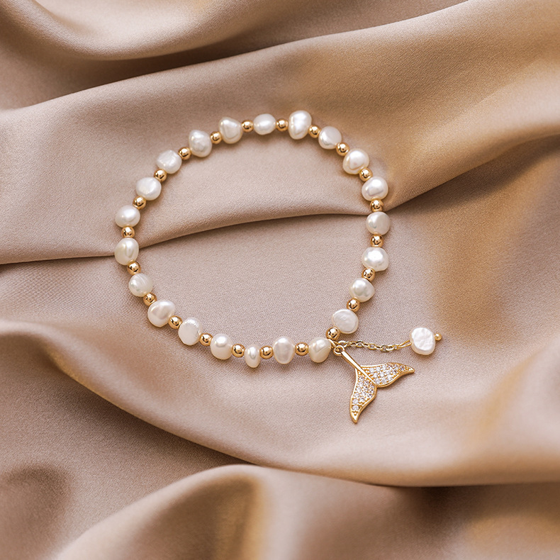 New Simple Sweet Freshwater Pearl Bracelet Women's Fish Tail Round Bead Bracelet New New Style Jewelry Accessories