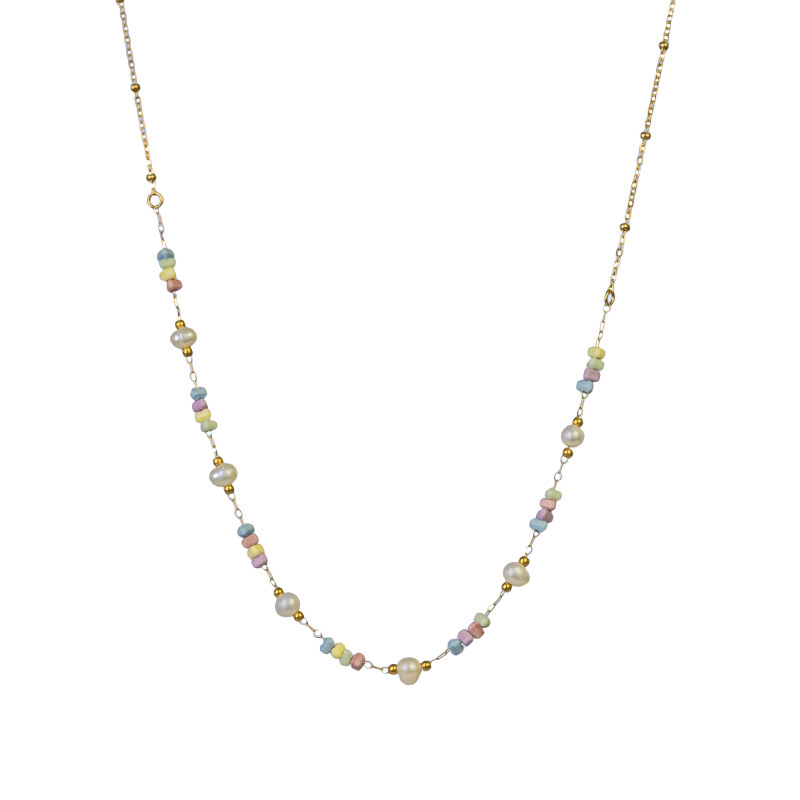 Fashion Luxury Colorful Beaded Necklace Natural Stone Choker Trendy Design Festive Atmosphere Titanium Steel Simple Craftsmanship For Women