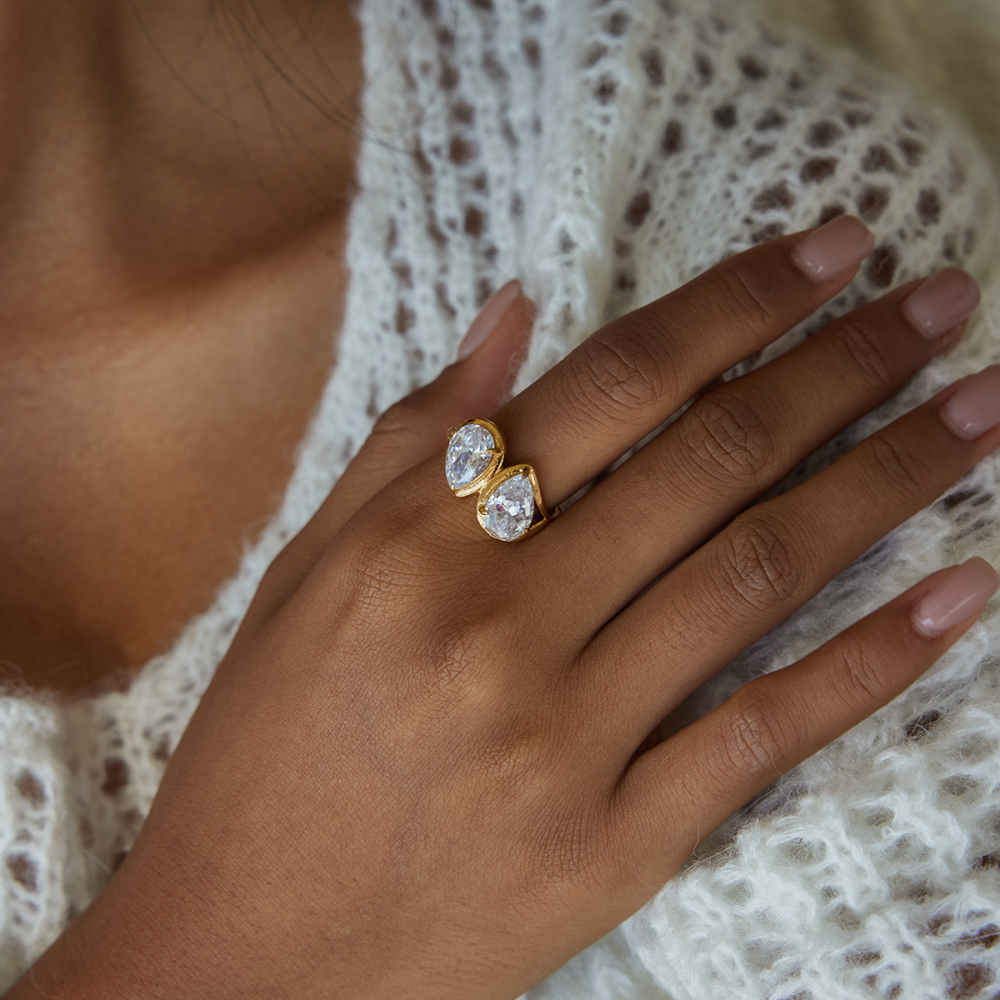 Women's Classic Style 18K Gold Stainless Steel + Zircon White Water Drop Zircon Ring Size 7