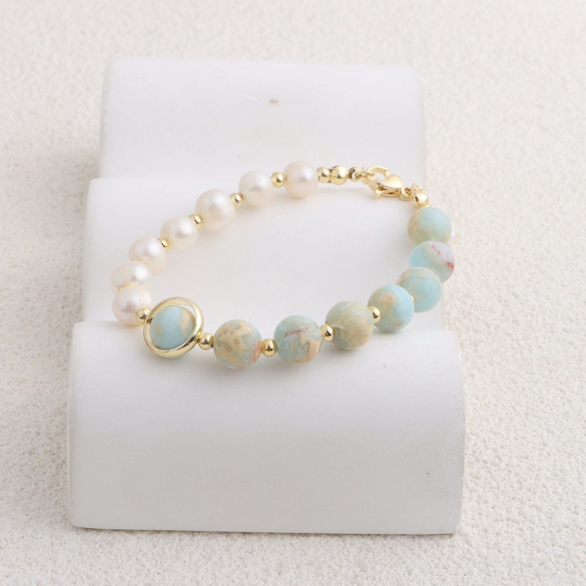 Retro Natural Freshwater Pearl Beaded Bracelet Unique Design TianShan Cuì ShòuShān Stone Bracelet Geometric Pattern Women's Jewelry