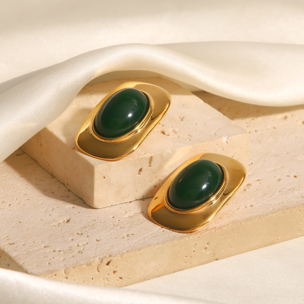 304 Stainless Steel Geometric PVD Coated Cat's Eye Stone 18K Real Gold Plated Retro Classic Style Inlay Ear Studs