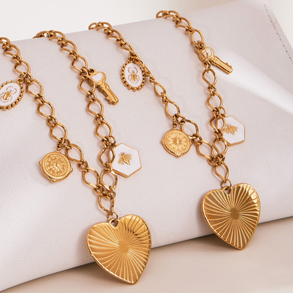 Stainless Steel Heart DIY Multi-Accessories Pendant Necklace Bracelet Heavy Work Personality Exaggeration Jewelry Set