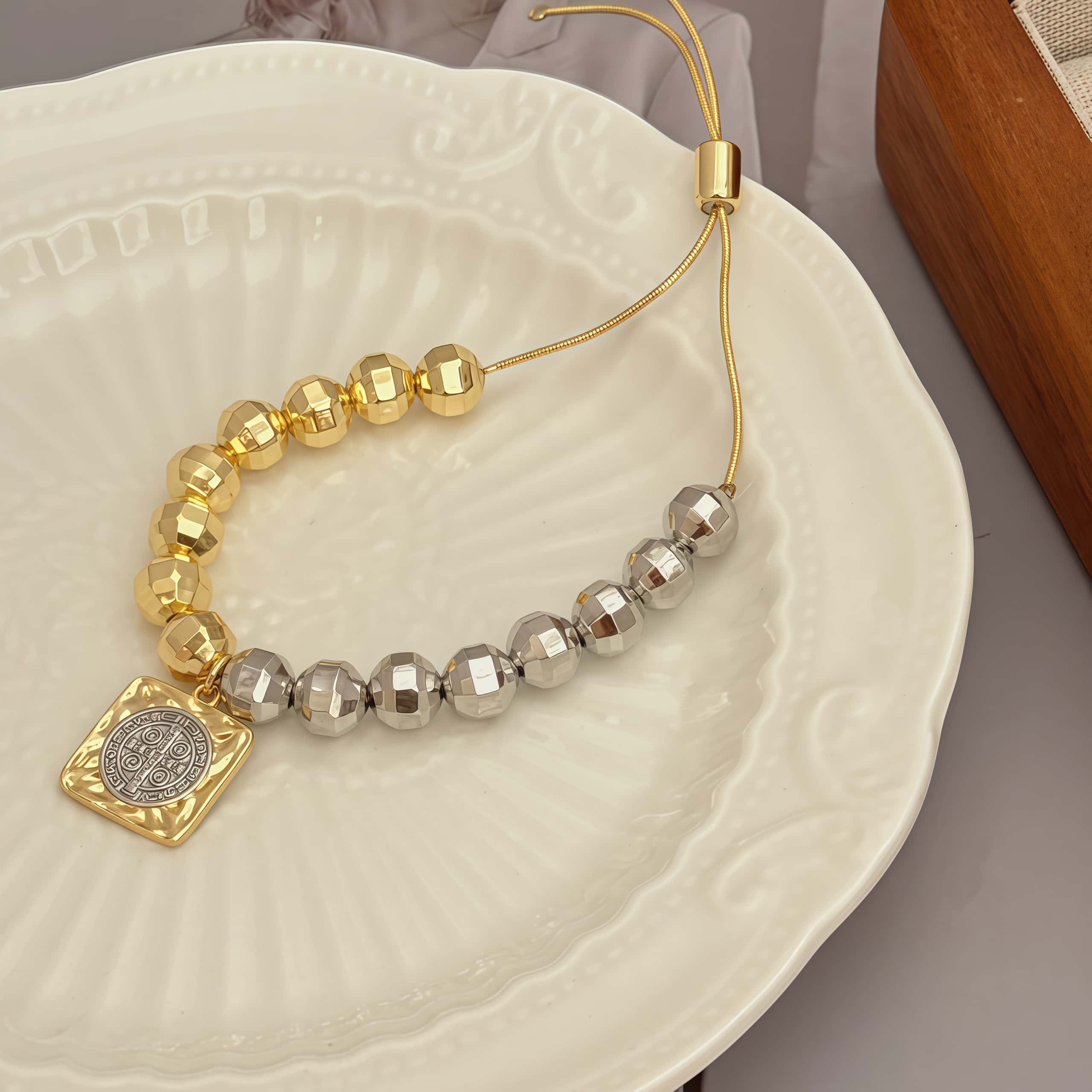 Two-tone Faceted Laser Bead Pendant Double-sided Plated Two-tone Geometric Accessories Plated With 18K Real Gold Vintage Suitable For Men And Women