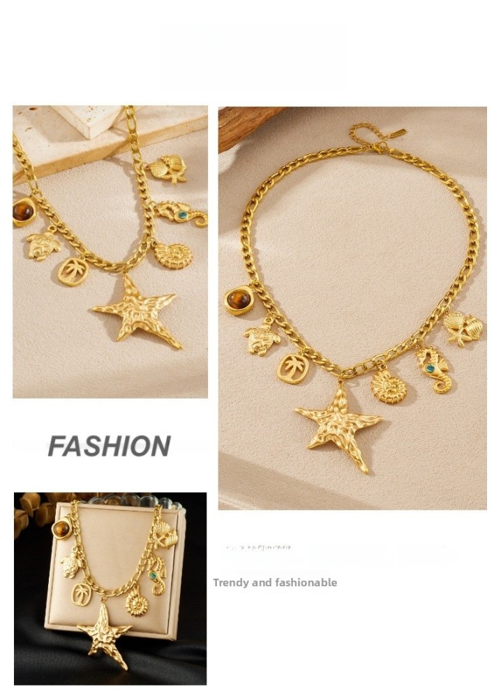 Heavy Metal Gold Plated Starfish Pendant Stainless Steel Marine Life Accessories Necklace
