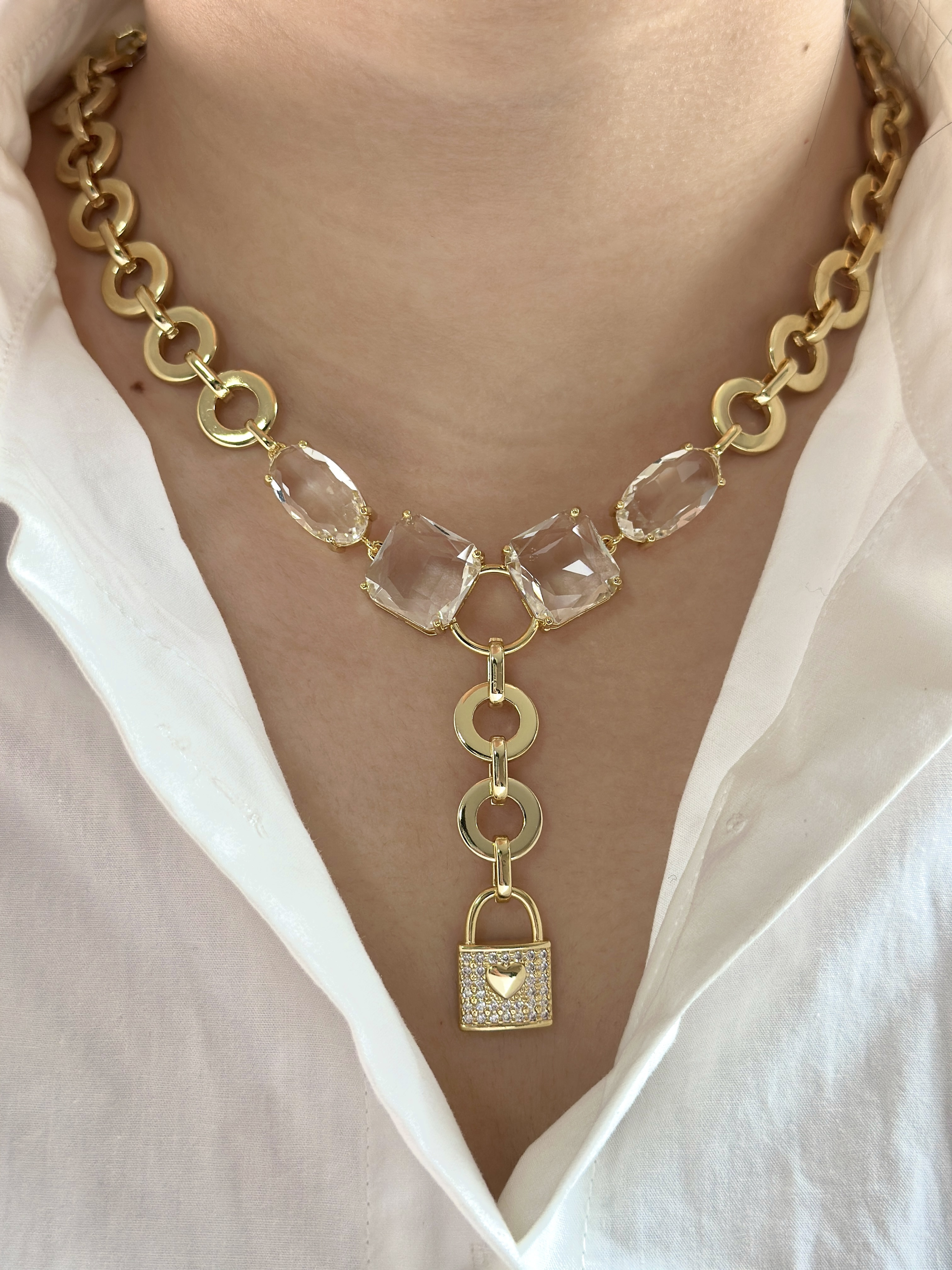 Wholesale Jewelry Elegant Classical Rock Candy Heart Shape Lock Copper Zircon Gold Plated Bracelets Necklace