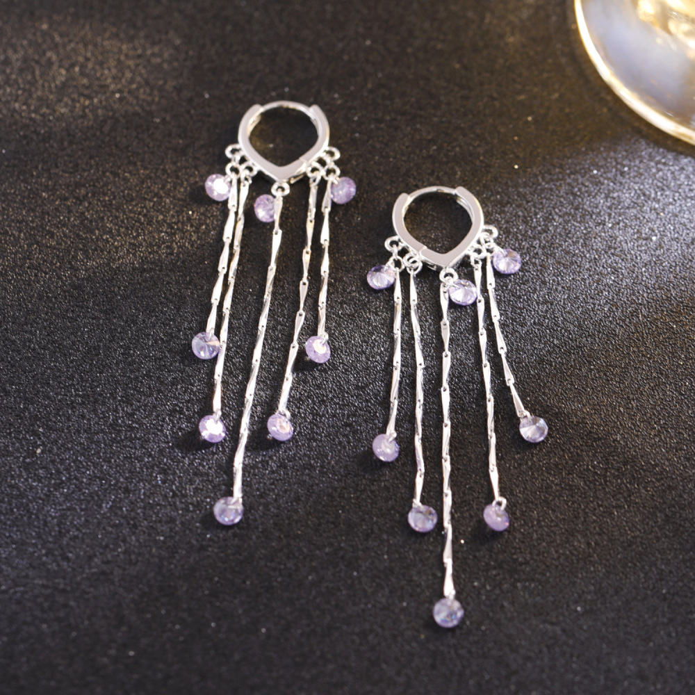 Elegant Long Purple Zircon Tassel Earrings Fashionable Luxury Trendy Versatile High-End Feelings Women's Jewelry Accessories