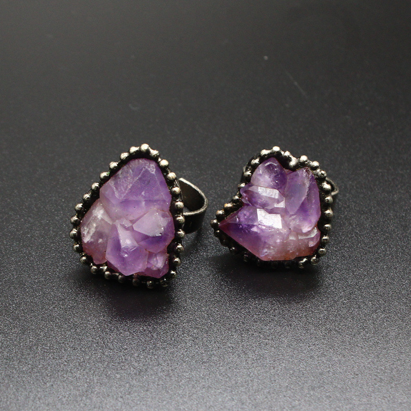 Natural Crystal Flower Ring Open Unshaped Raw Stone Ring Vintage Style Jewelry Crystal Accessories Fashionable Handmade Ring