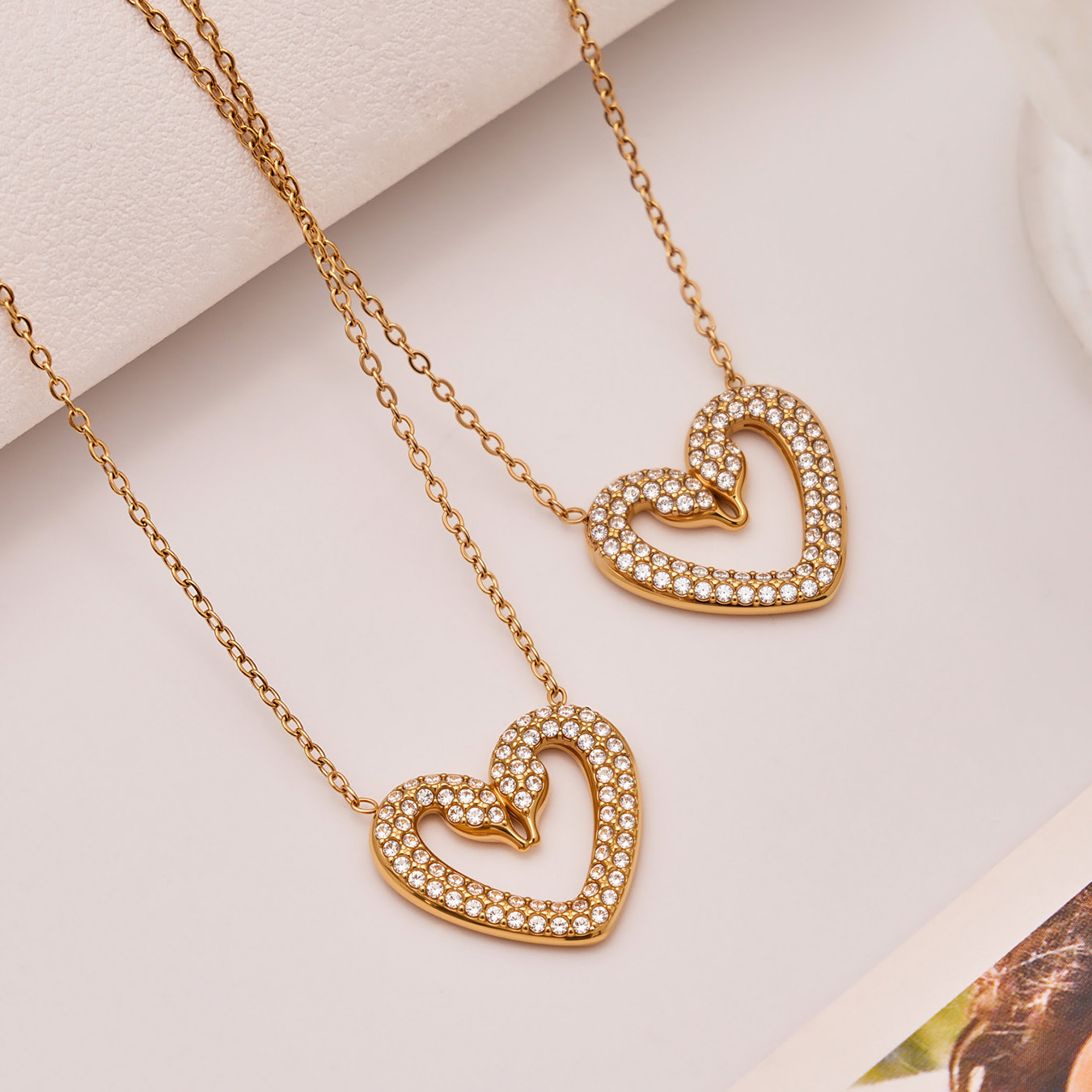Women's 304 Stainless Steel Handmade Chain Vacuum Electroplating (In Furnace) 18K Gold Plated Geometric Pattern Zircon Full Diamond Double Swan Earrings Ring Bracelet Necklace Heart Full Diamond Jewelry Set Accessories