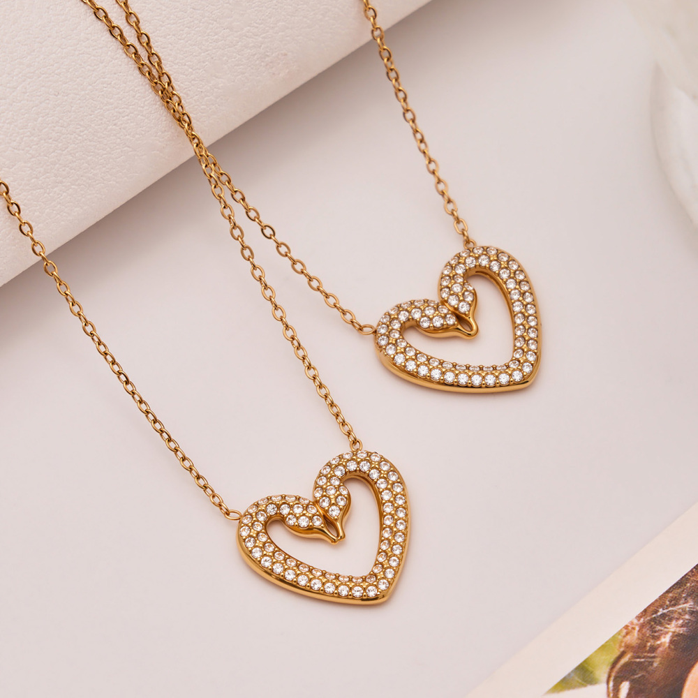 Women's 304 Stainless Steel Handmade Chain Vacuum Electroplating (In Furnace) 18K Gold Plated Geometric Pattern Zircon Full Diamond Double Swan Earrings Ring Bracelet Necklace Heart Full Diamond Jewelry Set Accessories