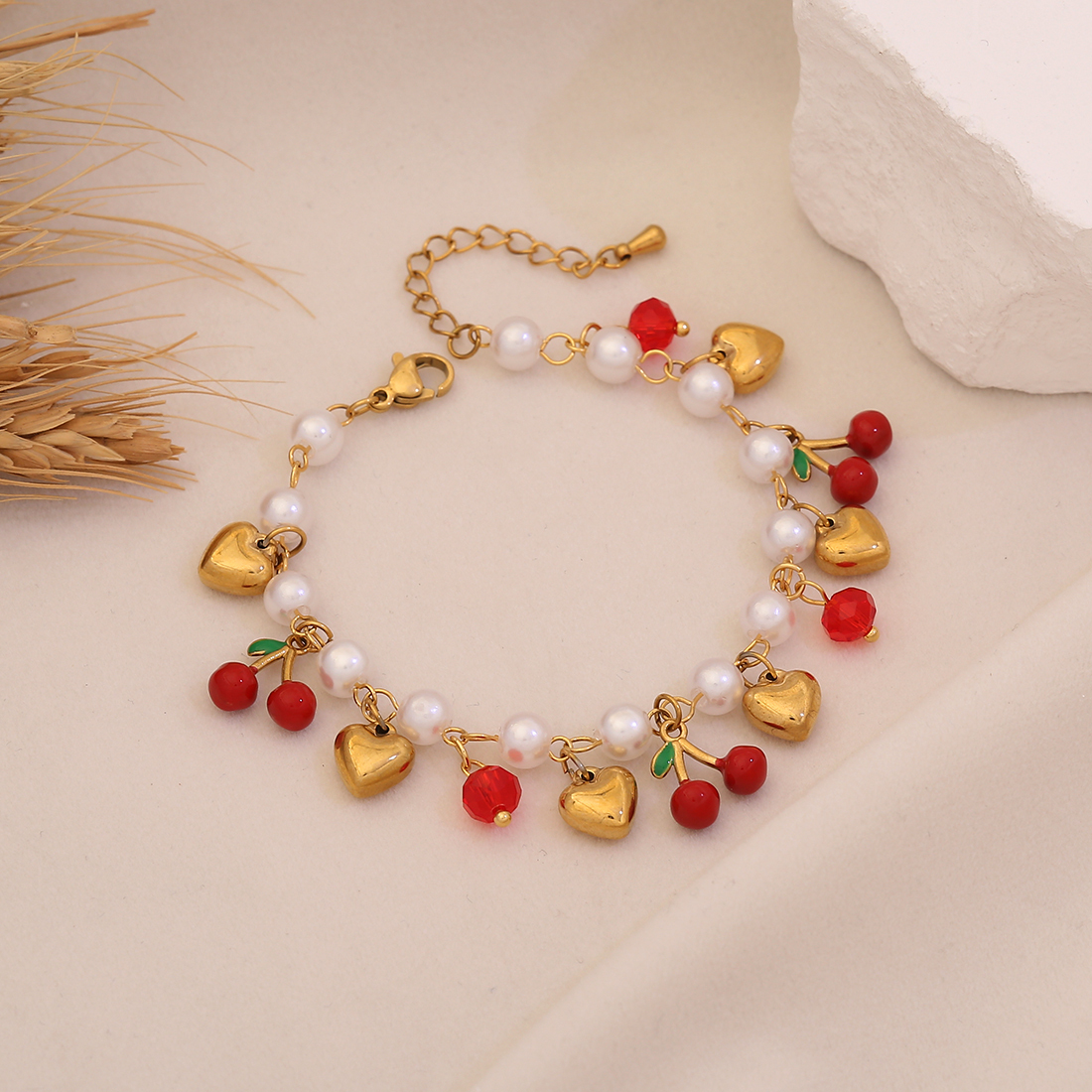 Charming Cherry Strawberry Watermelon Bracelet Elegant Imitation Pearl Hand Jewelry New Style Accessories Golden Pendant Love Heart Shape