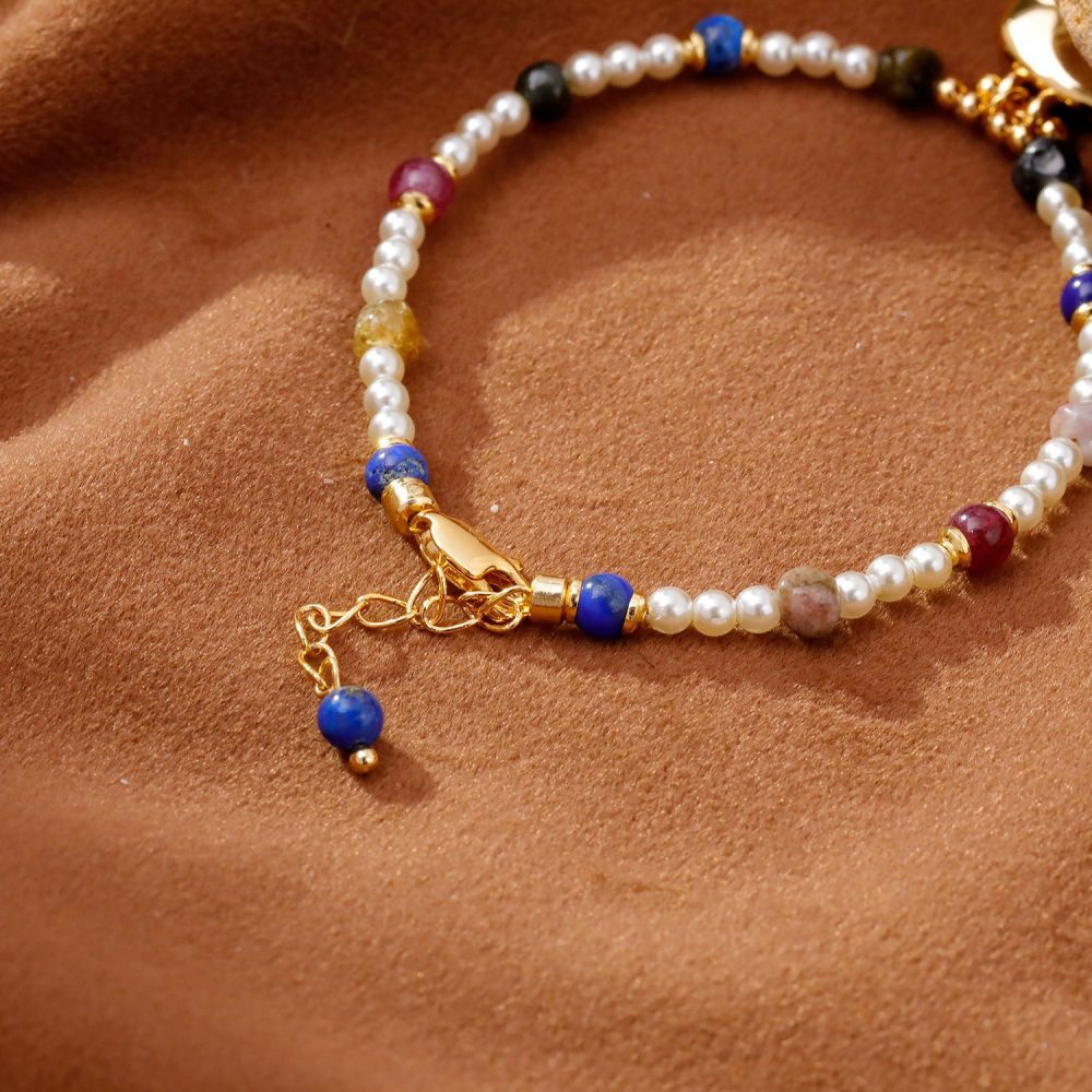 Original Design Vacation Style Women's Bracelet Fashion Luxury Imitation Pearl Lapis Lazuli Accessories Geometric Pattern Copper