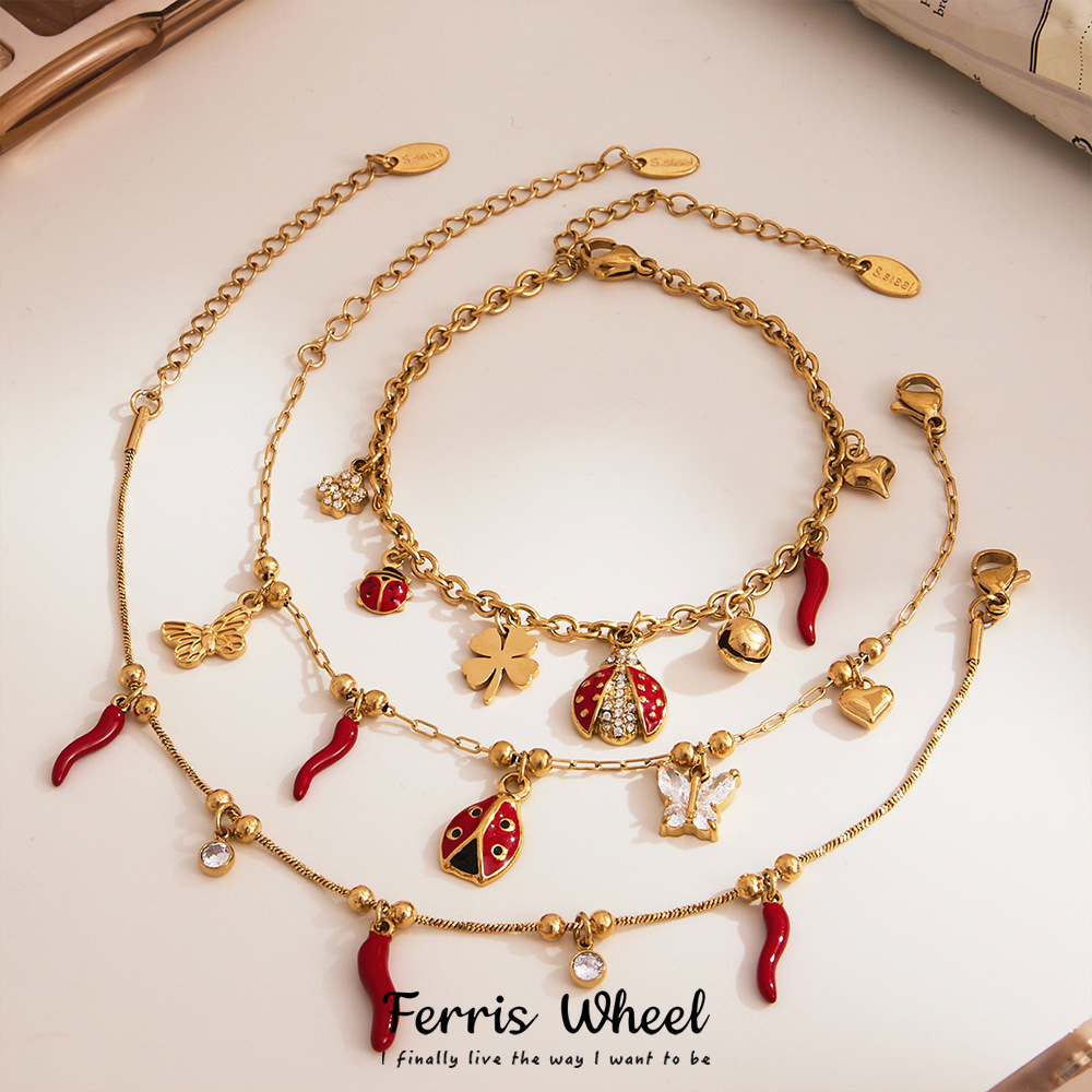 Elegant Enamel Insect DIY Necklace Bracelet Set Stainless Steel Fashion Simple Style Titanium Steel Chain Suitable For Women