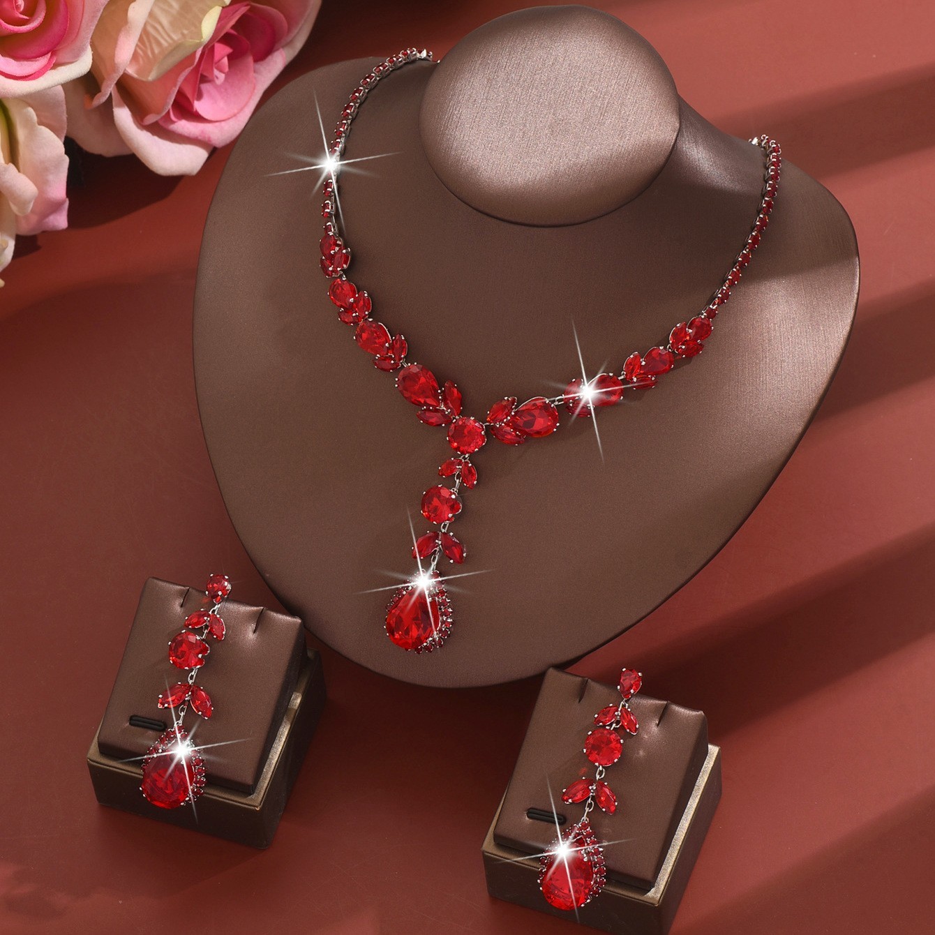 Luxurious Rainbow Zircon Heart Necklace Earrings Set Elegant Dinner Wedding Dress Accessories Fashionable Jewelry Combo For Women