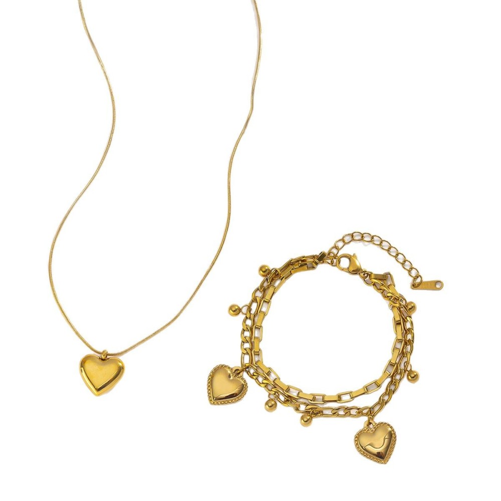 Gold Heart-shaped Necklace Bracelet Set Snake Bone Chain Design Fashion Stainless Steel Vintage Style Jewelry Accessories