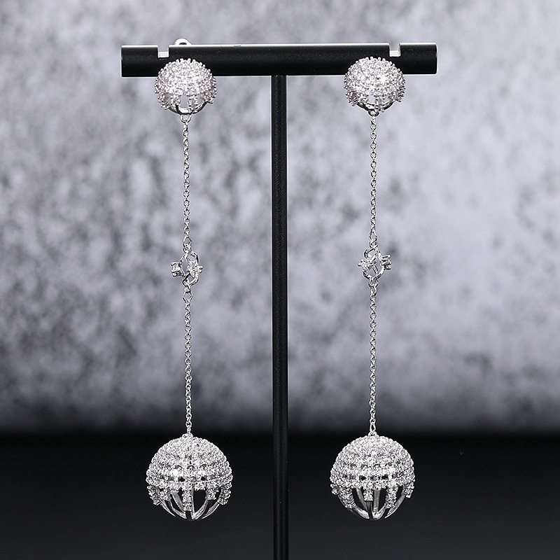 Fashionable Long Diamond Embedded Round Ball Chain Earrings Women's Simple Elegant Trendy New Style Hoop Earrings