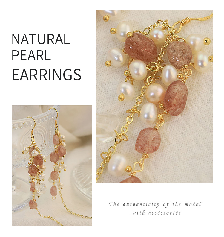 Handmade Natural Pearl Strawberry Crystal White Chain Earrings Women's Luxury Versatile Copper Material Jewelry Accessories
