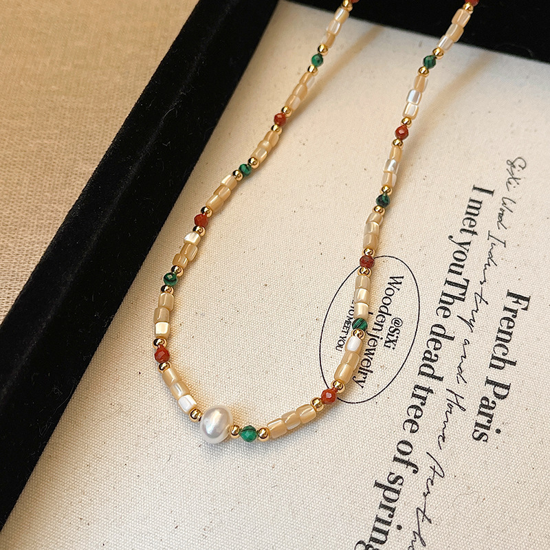 Titanium Steel Natural Stone Shell Freshwater Pearl Necklace Women Elegant Luxury Fashion Pendant Clavicle Chain Geometric Pattern