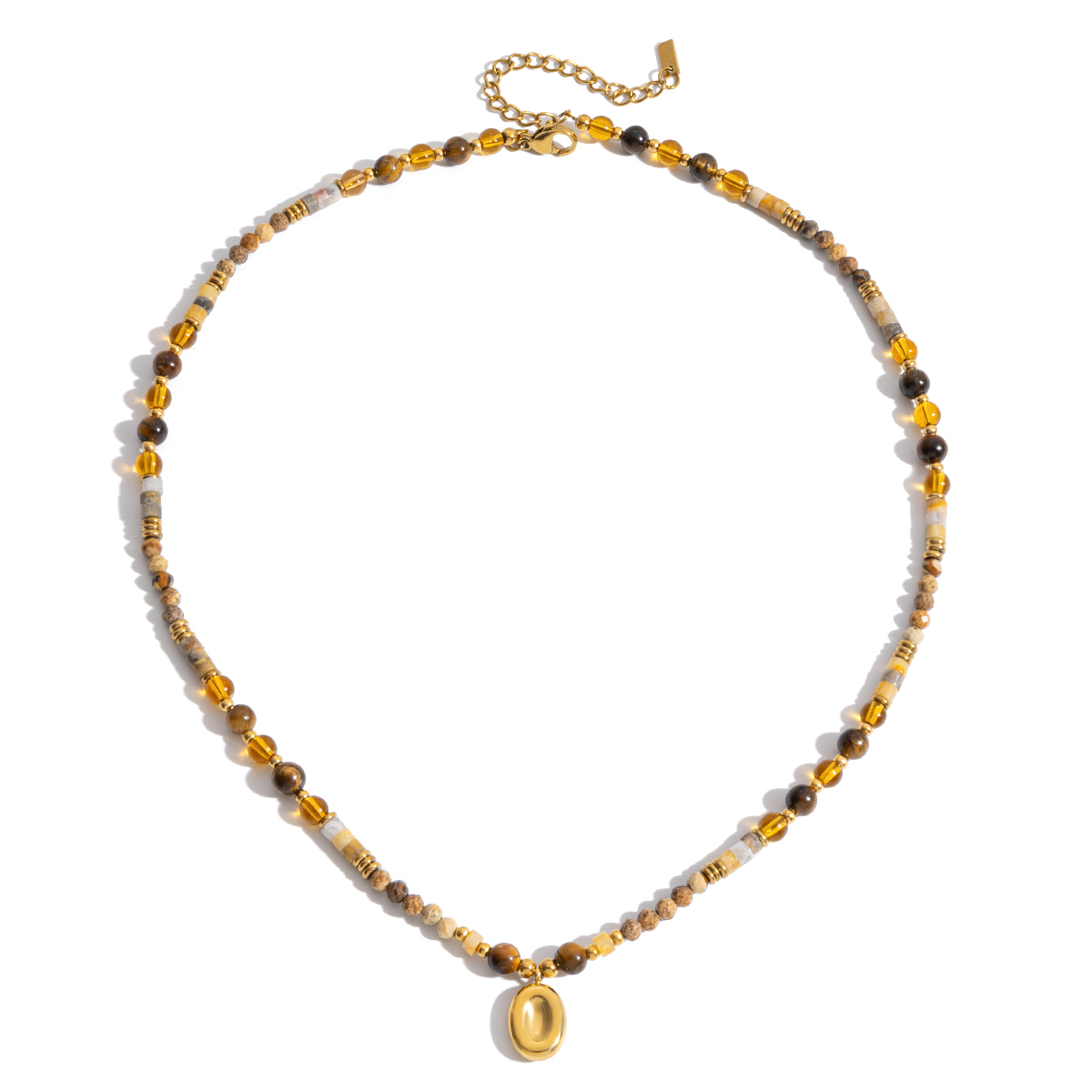 Ladies Classic Style 18K Gold Plated Stainless Steel Oval Pendant Tiger Eye Stone Crystal Natural Gemstone Beaded Necklace