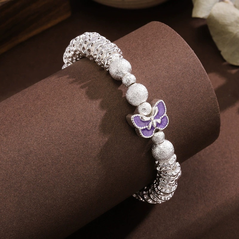 Universal Electroplated Silver Geometric Pattern Enamel Flower Butterfly Coiled Bracelet For Women Vintage Fragmented Silver Bracelet Small Round Bead Bracelet Copper Ethnic Style