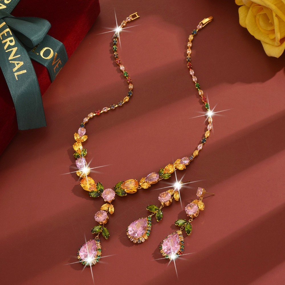 Luxurious Rainbow Zircon Heart Necklace Earrings Set Elegant Dinner Wedding Dress Accessories Fashionable Jewelry Combo For Women
