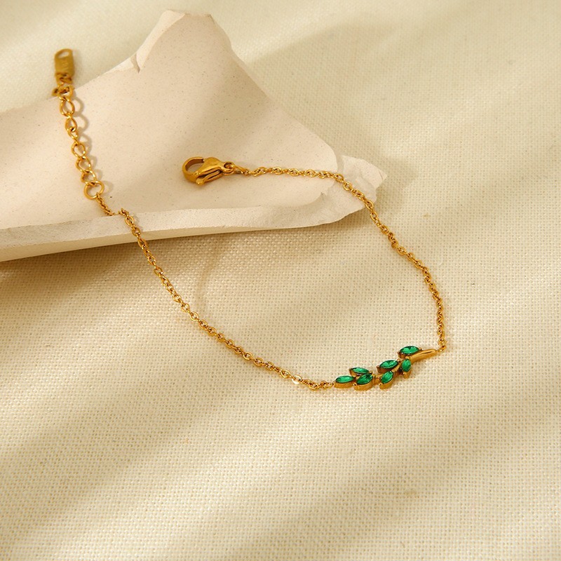 Gold Plated Zircon Leaf Branch Pendant Women Bracelet Stainless Steel Waterproof Jewelry Accessories
