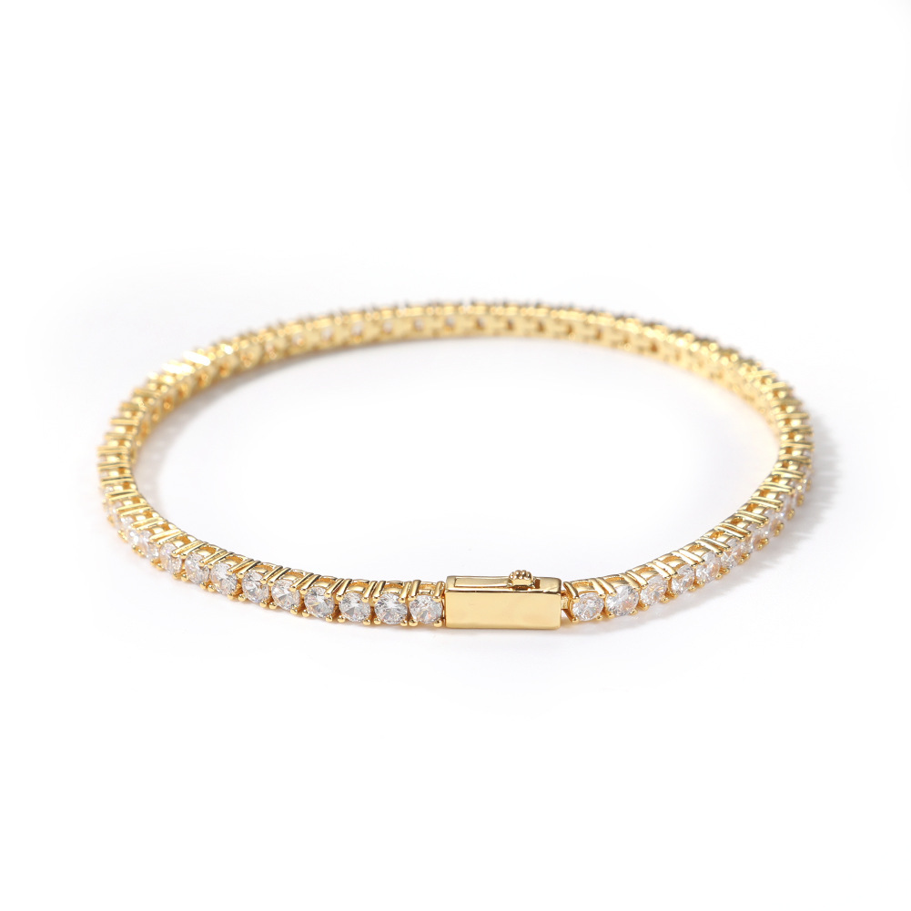 Classic Hip-Hop Single Row Bracelet 4mm Copper Inlaid Zirconia Gold-Plated Geometric Pattern Spring Clasp Fashion Simple Inlaid Diamond Bracelet Unisex