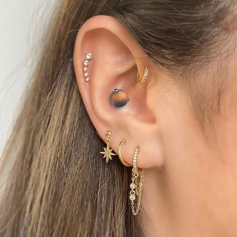 Natural Tiger Eye Stone Titanium Alloy Earrings Lip Ring Tongue Ring F136 Titanium Three-Prong Setting Fashion Simple Style Round Electroplated Jewelry Accessories