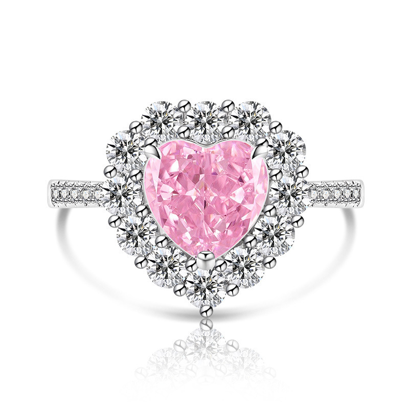 Fashion Heart-shaped Plated Platinum Ring Simple Luxurious Ice Crystal Cut Colored Gemstone High Carbon Diamond Ring Live Streaming Dropshipping