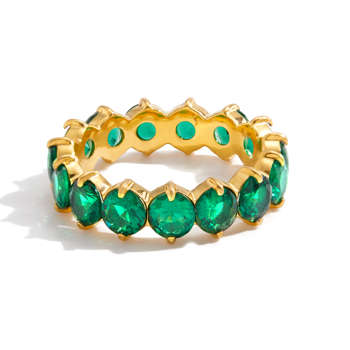 Women's Classic Style 18K Gold Stainless Steel + Zircon Stone Inlaid Green Round Zircon Ring Size 7