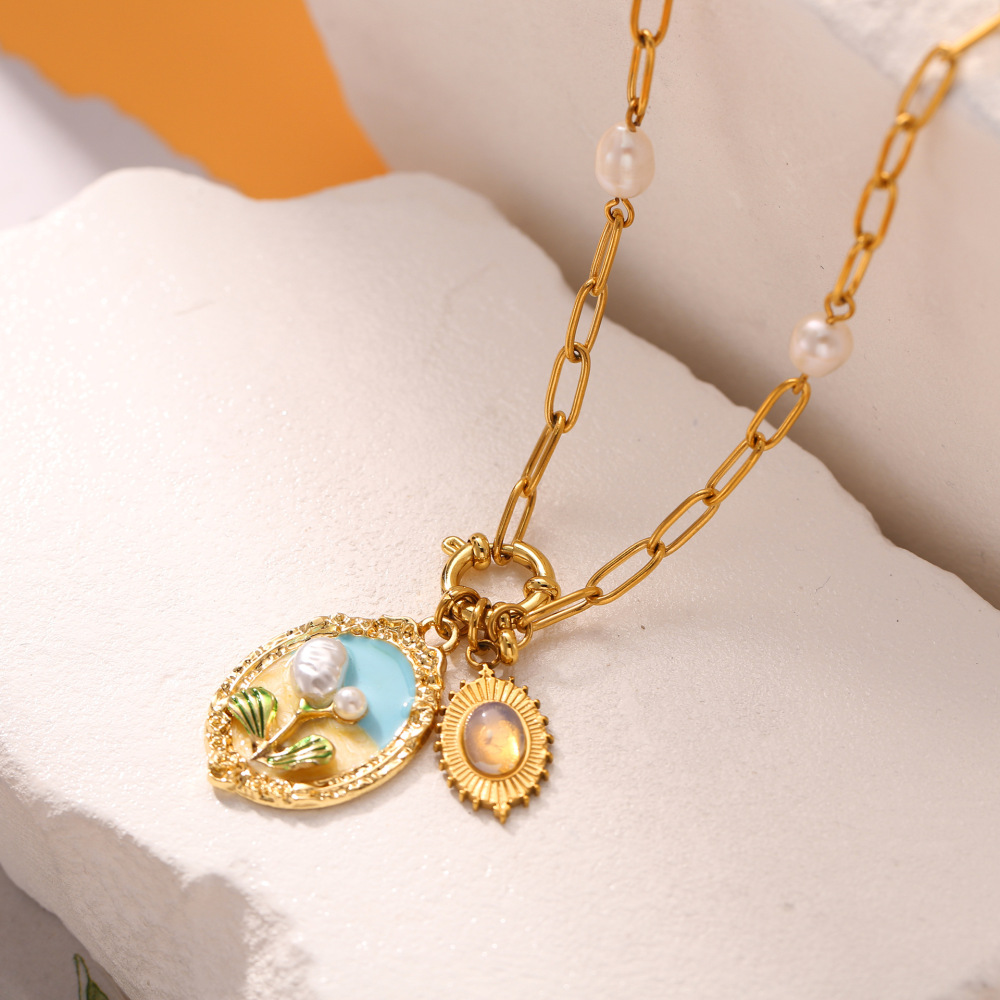 Necklace Oil Painting Tulip Geometric Simple Elegant Necklace Niche High-End Non-Fading Clavicle Chain Fashion Accessories