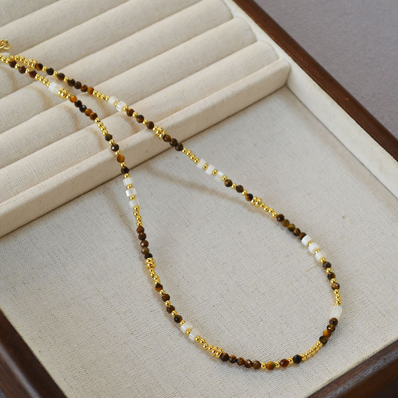 French Vintage Design Shell Beads Tiger Eye Stones Necklace Collarbone Chain Women Simple Elegance Jewelry Accessories