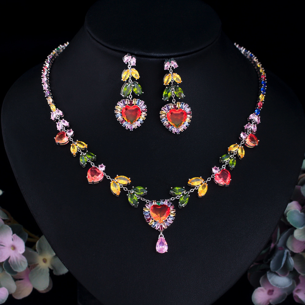1 Set Of Copper Jewelry Suit (1 Necklace And 1 Pair Of Earrings) Fashion Trend Rainbow Necklace And Earrings Suite Suit Color Zircon Peach Heart Design Dinner Party Dress Wedding Dress Accessories Suitable For Women's Wedding Or Date Wear