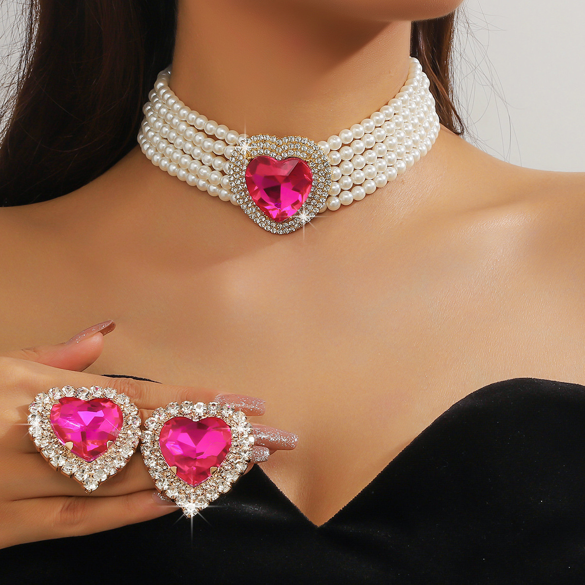 1 Set Glam Luxurious Lady Geometric Heart Shape Artificial Crystal Imitation Pearl Copper Inlay Artificial Crystal Women's Beaded Chain Jewelry Set