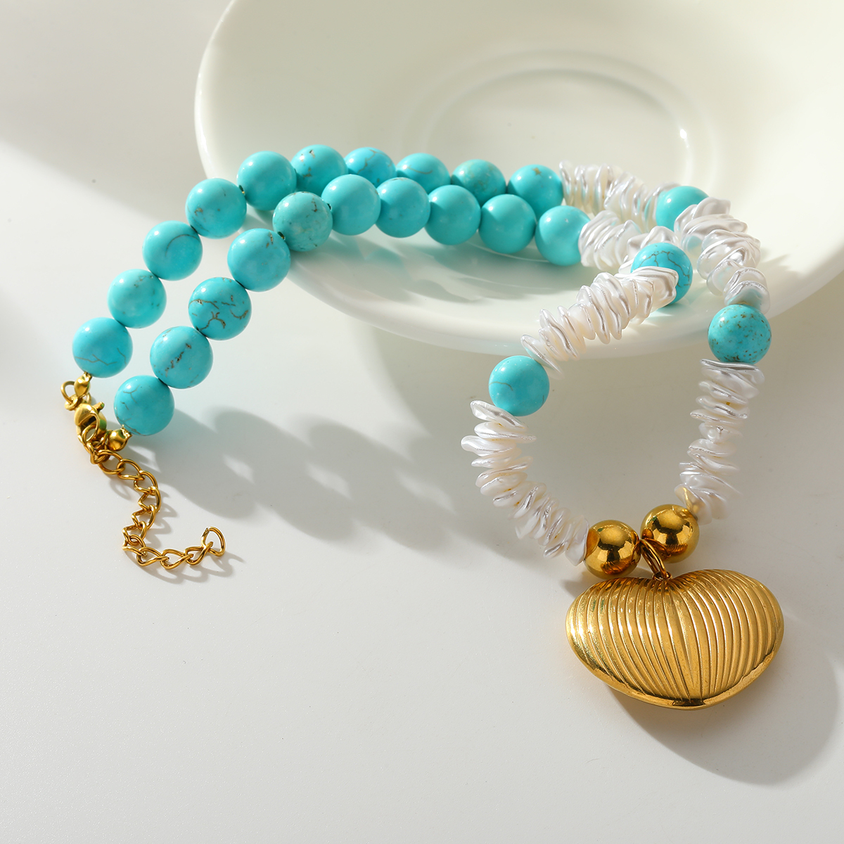 Stainless Steel 18K Gold Plated Imitation Pearl Heart Pendant Beaded Necklace Elegant Classical Women Style Jewelry Accessory
