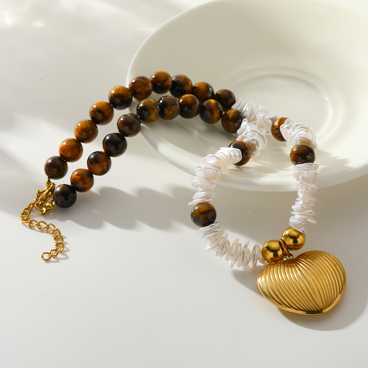 Stainless Steel 18K Gold Plated Imitation Pearl Heart Pendant Beaded Necklace Elegant Classical Women Style Jewelry Accessory
