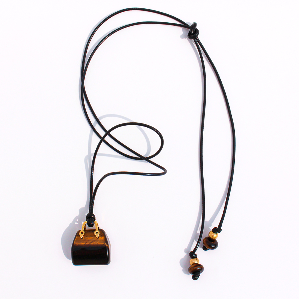 Natural Spotted Tiger Eye Stone Pendant Leather Rope Casual Long Necklace Adjustable Self-tying Sweater Chain Fashionable Ladies Holiday Style Accessories