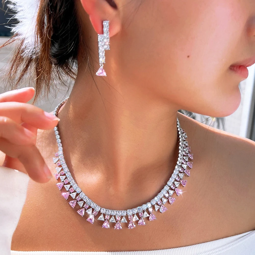White Plated Gold Geometric Shape Inlaid White Zircon Necklace Earring Set For Women Copper Jewelry Two-Piece Set Water Plated Tennis Chain (Full Diamond Chain) Jewelry Set For Women