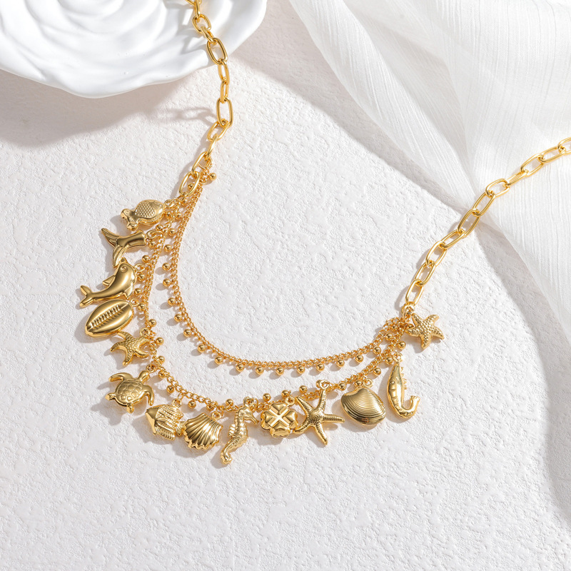 Women Stainless Steel Double Layer Tassel Necklace 18K Gold Starfish Pendant Sweater Chain Jewelry Accessories