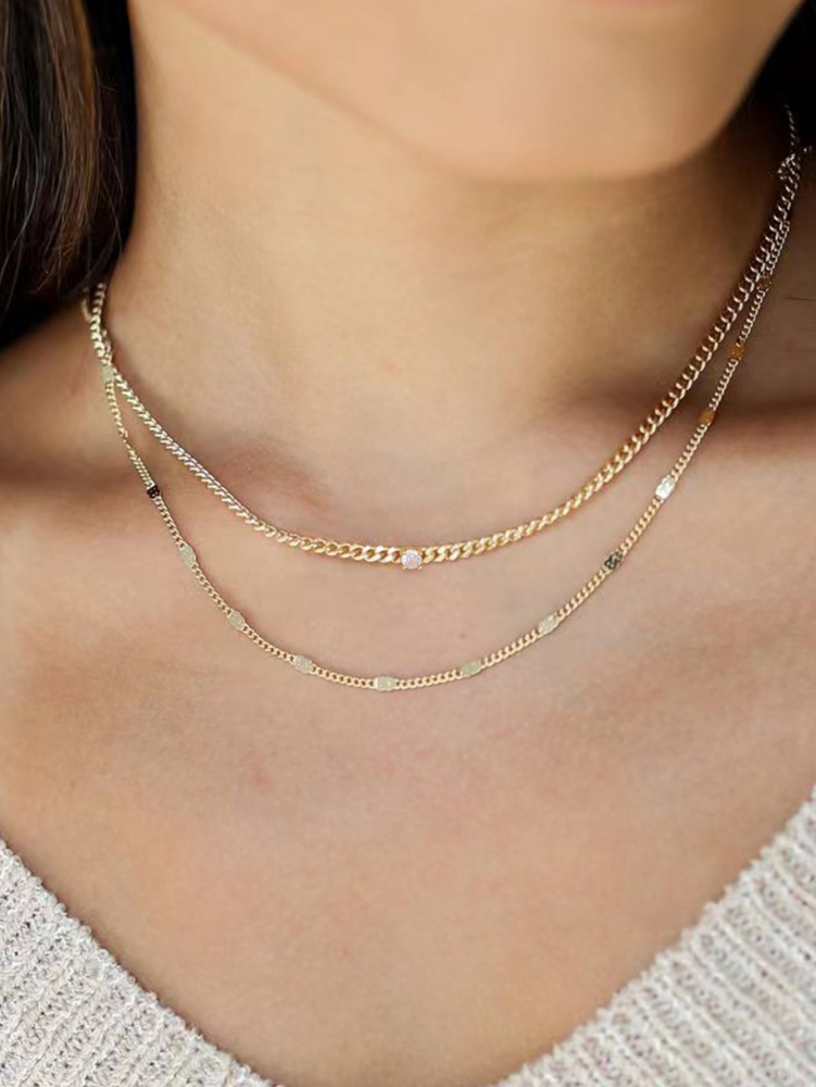Women's 18K Gold Double Layer Stacked Necklace Set Gift Box Gold Geometric Square Buckle Chain + Micro Pave Diamond Chain French Light Luxury Style Niche Design Choker Exquisite Versatile Accessories