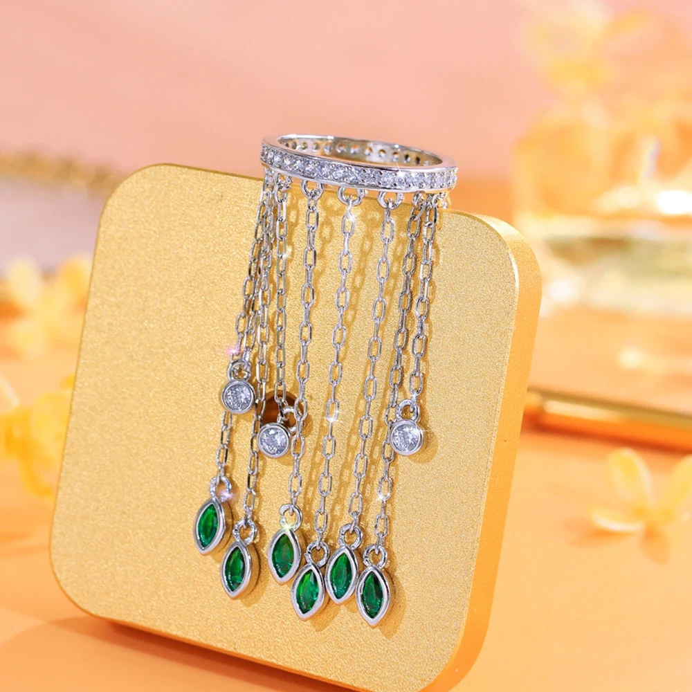 Copper Ring Women Luxury Green Cubic Zirconia Ultra Long Tassel Pendant Ring Fashion Party Dress Jewelry Accessories
