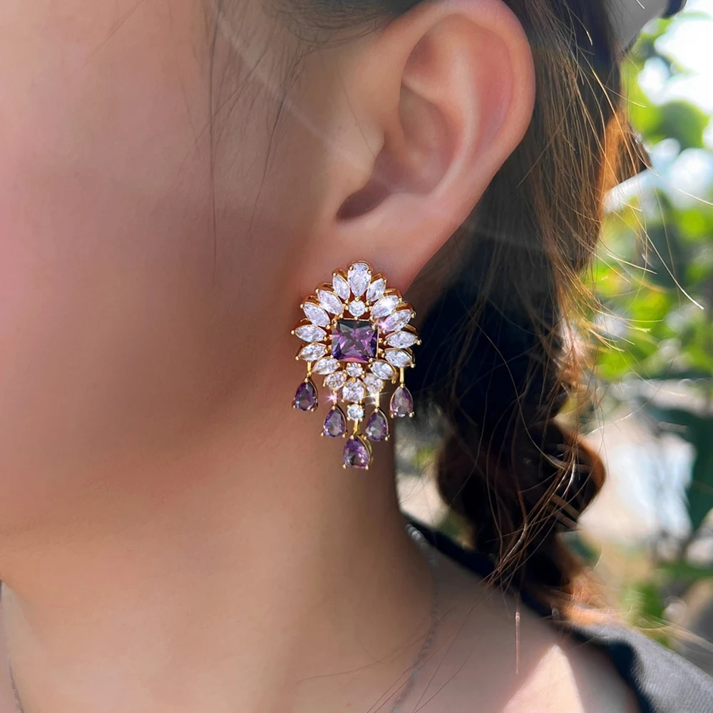 Quality Charming Purple CZ Crystal Big Flower Long Drop Tassel Earrings For Women Fashion Dancing Party Jewelry