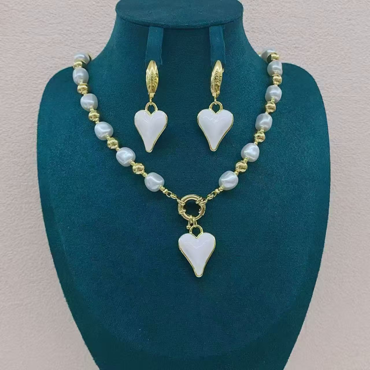 Classic New Copper Water Plated Colorful Oil Drop Heart Irregular Pearl Spacer Universal Clasp Earrings Necklace Jewelry Set