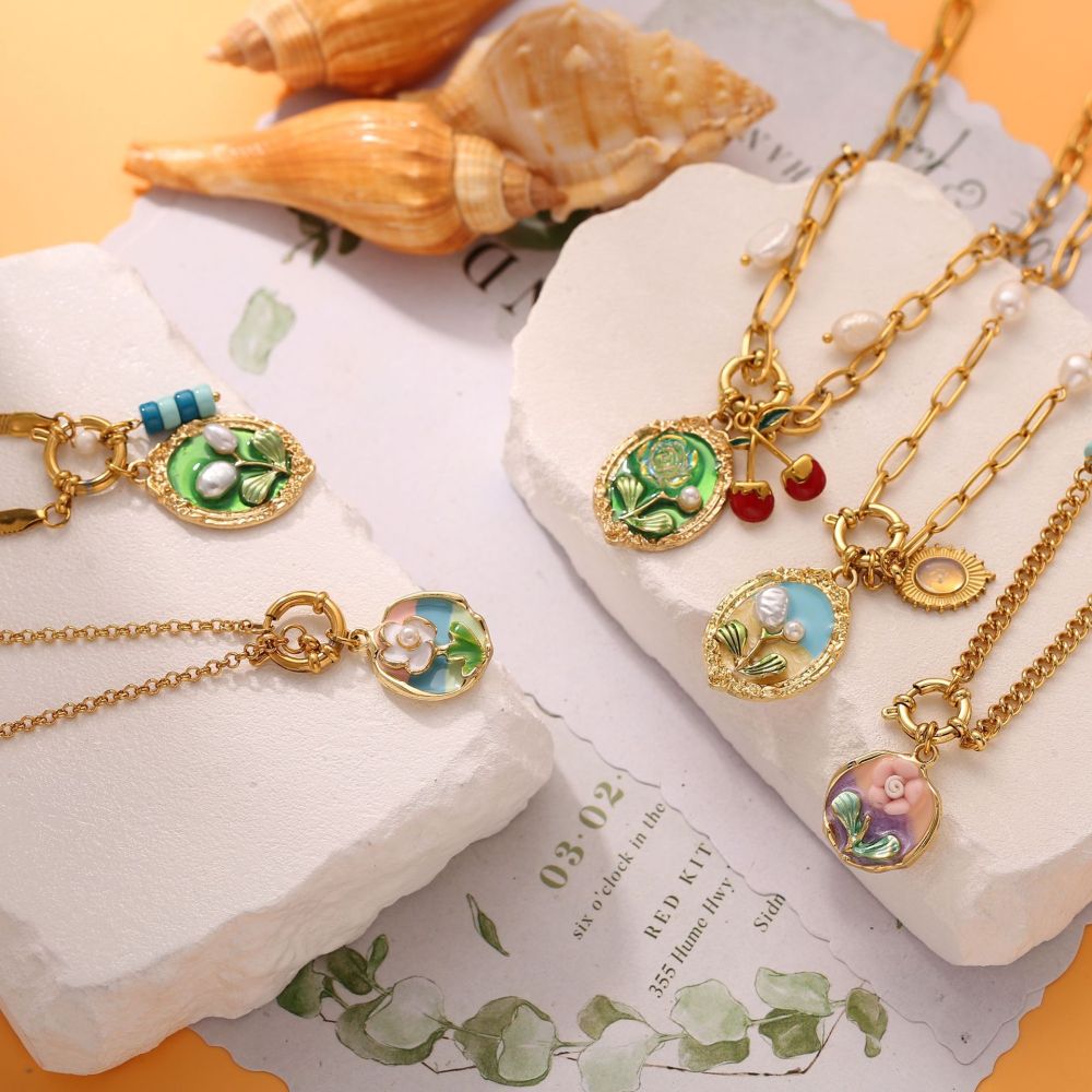 Necklace Oil Painting Tulip Geometric Simple Elegant Necklace Niche High-End Non-Fading Clavicle Chain Fashion Accessories