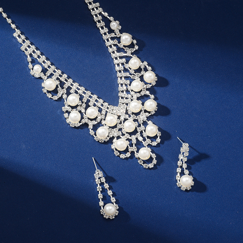Pearl Rhinestone Necklace Earrings Set Ball Shape Dress Chain Polyester Material Printed Pendant Women Jewelry Accessories