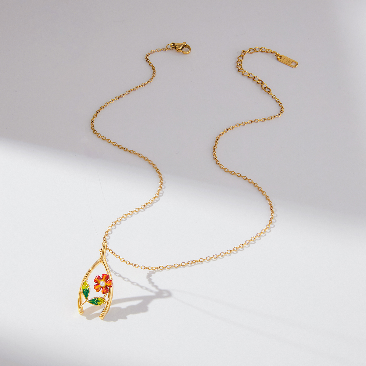 Women's Classic Style 18K Gold Stainless Steel + Shell Pearl + Oil Drop / Shell Pearl Oil Drop Flower Thanksgiving Lucky Wish Bone Y-shaped Pendant Necklace 45+5CM